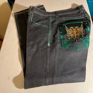 Avalanche Black Jeans with Green Embroidery Sz 38